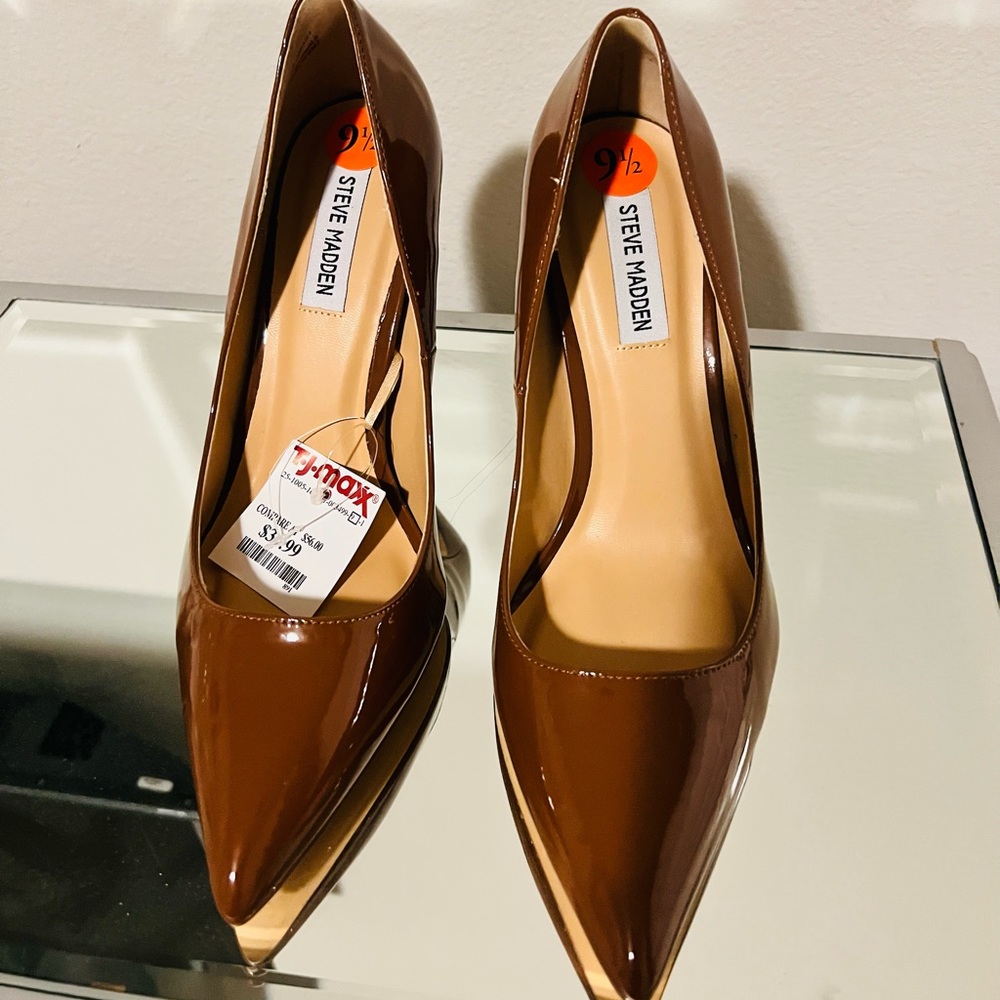 Brown patent leather pumps
